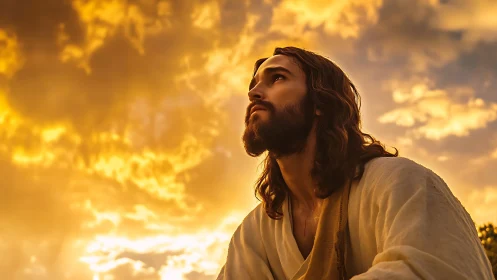 Golden hour contemplation under radiant sunset sky.