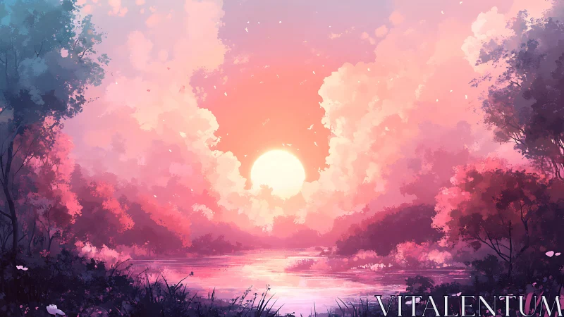 Sun disk over reflective river framed by dense foliage