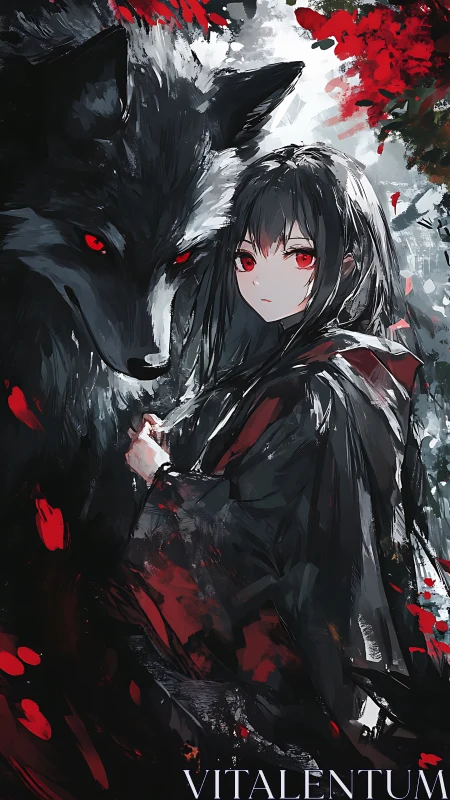 Dark-haired girl with red-eyed wolf in bold red accents.
