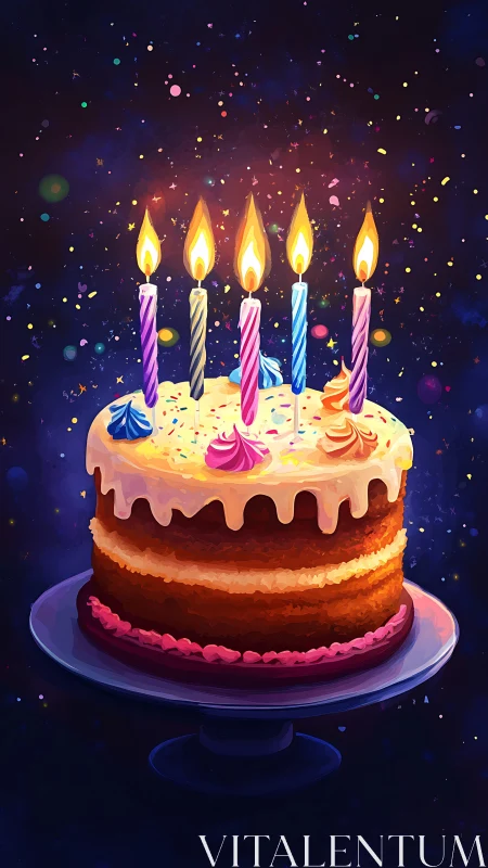Celestial Birthday Cake with Glowing Candles Against Starfield.