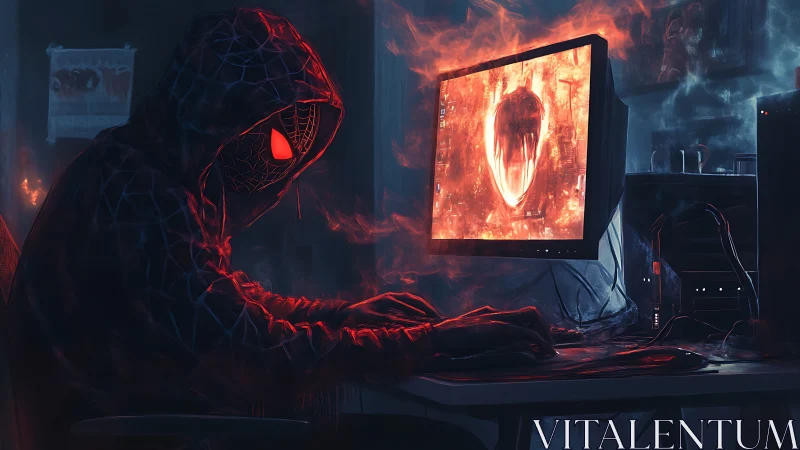 Hooded hacker at desktop rig bathed in red volumetric monitor glow