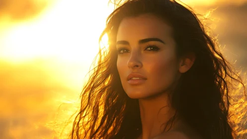 Sunlit portrait captures serene woman in golden hour glow