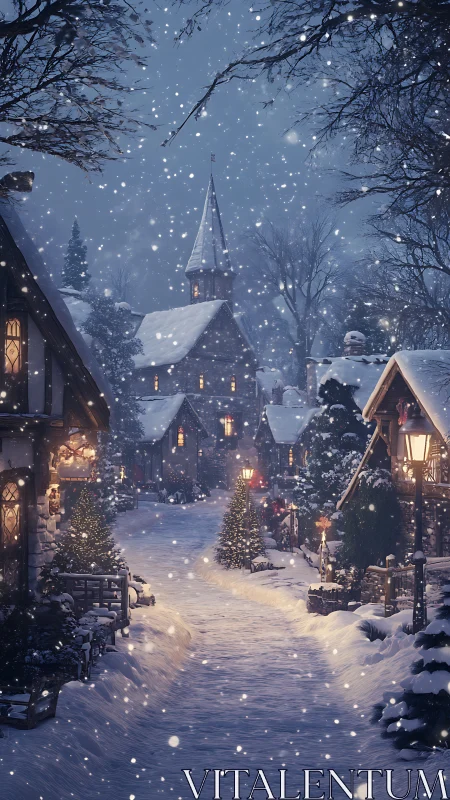 Snowy village street with church and glowing windows at night.