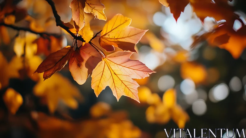 Maple leaves in sharp focus hang against soft autumn bokeh