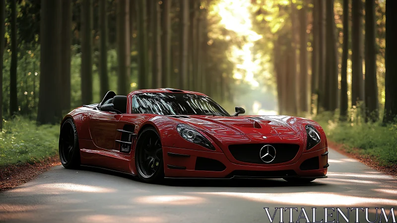 Red Mercedes convertible sports car stands on a forest road