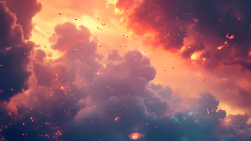 Dramatic sunset sky with glowing clouds and flying birds.