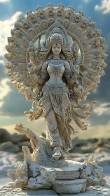 Graceful stone goddess radiates calm power against soft sky