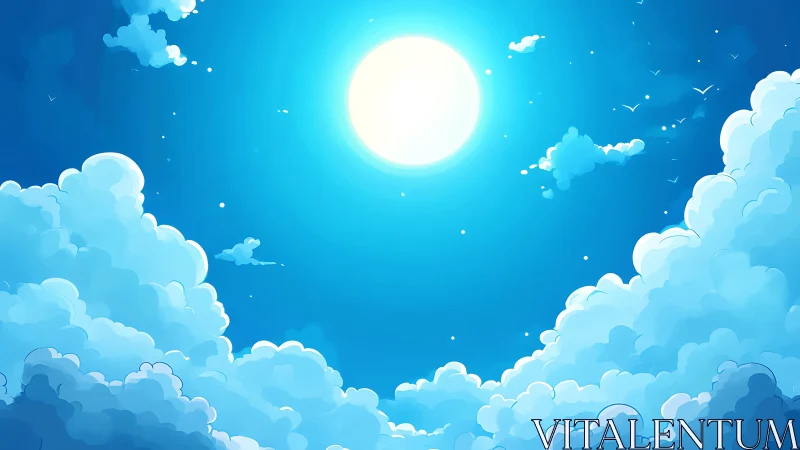 Bright circular sun over dense stylized cumulus clouds.