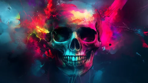 Neon chromatic skull with explosive abstract color field.
