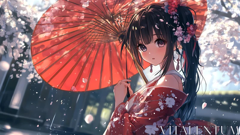 Cherry blossom gaze beneath a blazing crimson parasol.