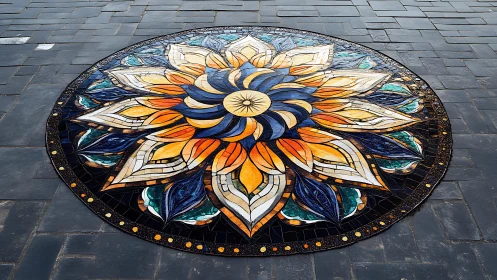 Radial stained glass style floral pavement mosaic mandala