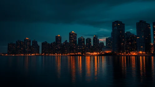 City skyline with tower lights reflected on dark water.