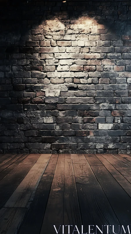 Rustic brick wall and wooden floor under moody spotlight.