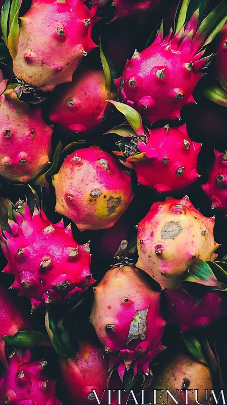 Close view of stacked dragon fruits with varied surface hues.