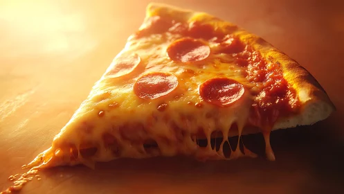 Pepperoni pizza slice with molten cheese under warm light.
