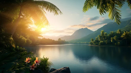 Sunlit tropical lagoon mirrors misty mountains at dawn.