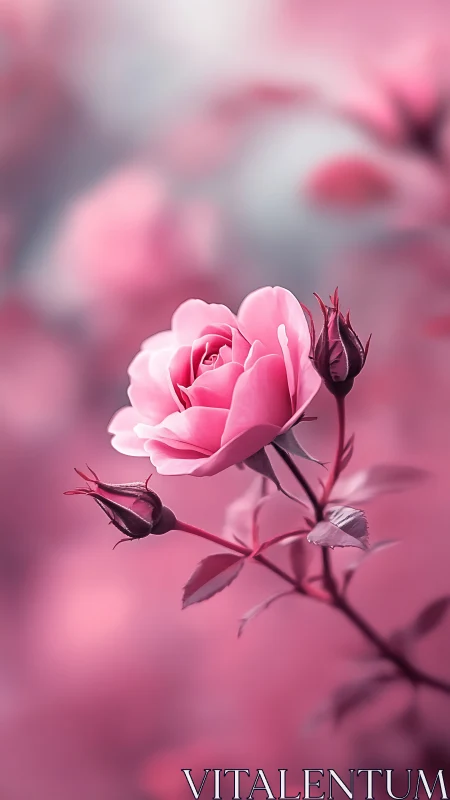 Soft pink rose glows against dreamy blurred background.