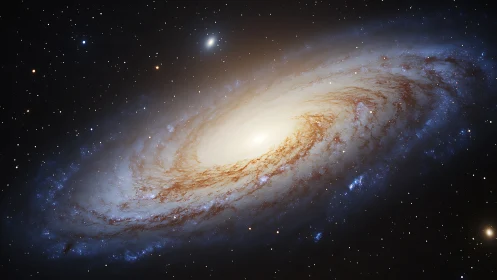 Spiral galaxy core with luminous dust lanes in deep space.
