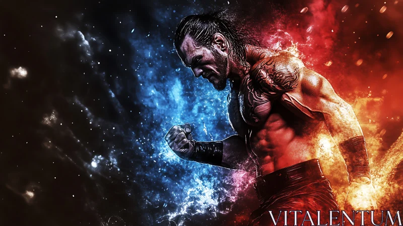 Warrior of fire and ice charging through cosmic sparks.