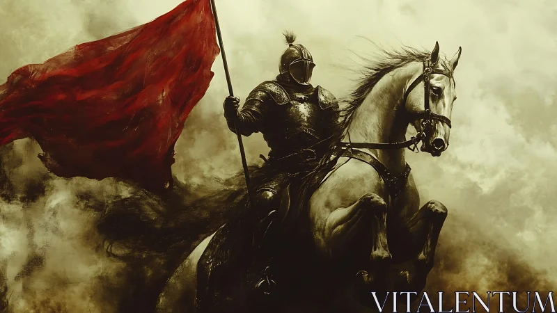 Armored cavalry knight raises crimson battle standard in storm haze