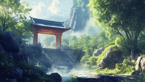 Mountain temple gate rises in tranquil misty forest scene.