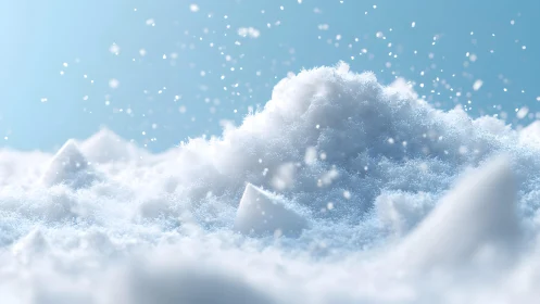 Soft powdery snow falling on fluffy drifts, photorealistic style.