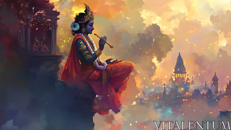 Figure playing flute above luminous temple city in clouds