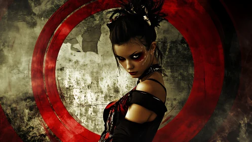 Cybernetic huntress before corroded target rings backdrop.