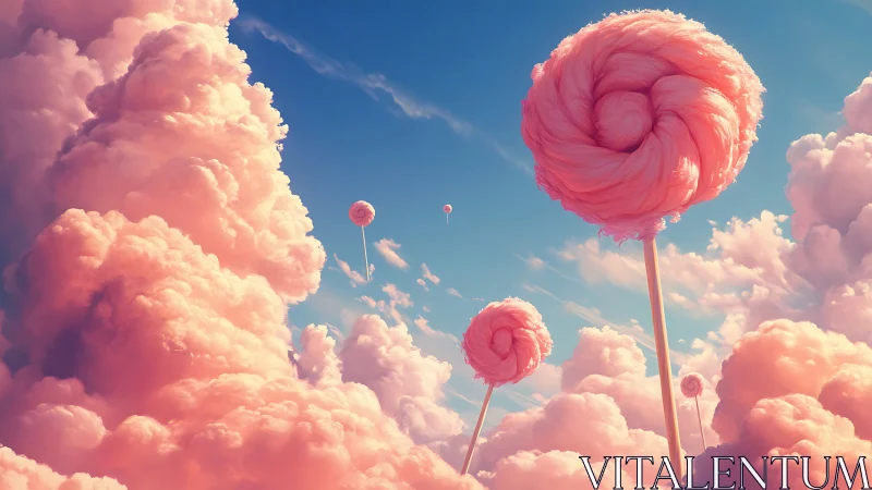 Floating Lollipops Among Cotton Candy Clouds in Surreal Sky.