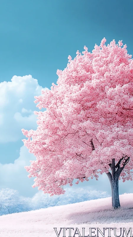 Infrared-styled cherry tree on pastel hillside under cyan sky