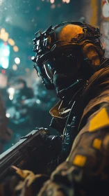 Tactical operator in augmented visor rig within neon haze.