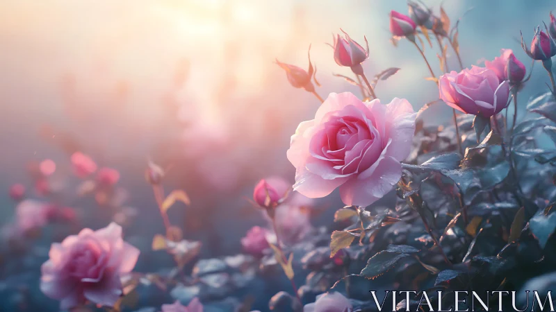 Pink Garden Roses in Golden Hour Backlighting with Bokeh Rendering.