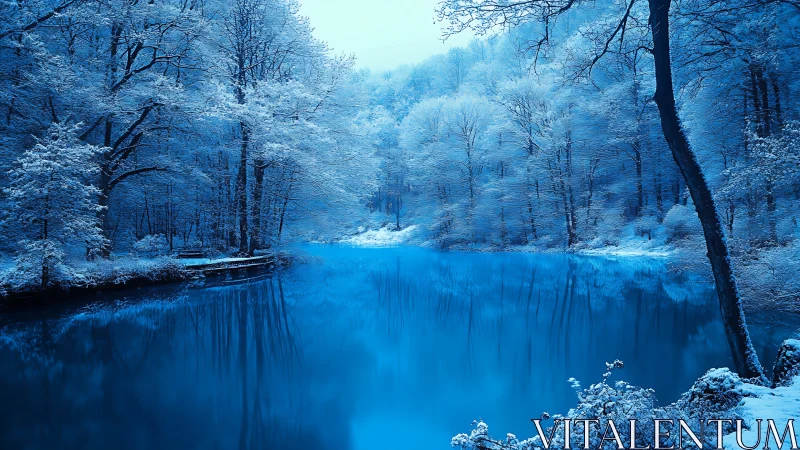 Blue hush over the winter river, frozen in quiet light.