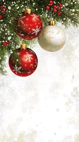 Christmas baubles hanging from evergreen branch background.