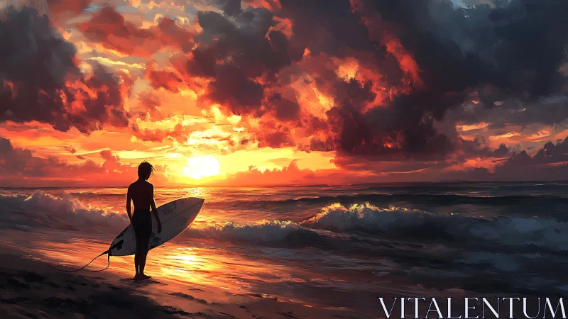 Surfer contemplates glowing sunset over crashing waves.