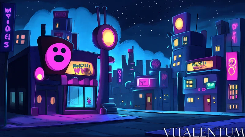 Neon cartoon city street under starry night sky glow.