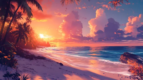 Sunset-tinted tropical shoreline where clouds breathe fire.