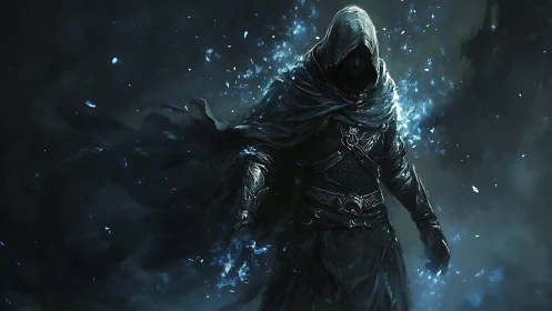 Hooded arcane rogue in swirling blue spectral energy field