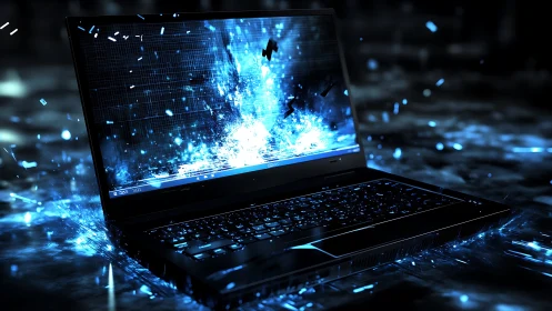 Laptop displays blue digital explosion effect on dark surface