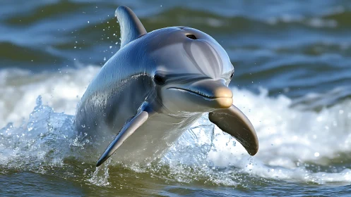 Bottlenose dolphin arcs through foaming surf in sharp focus.