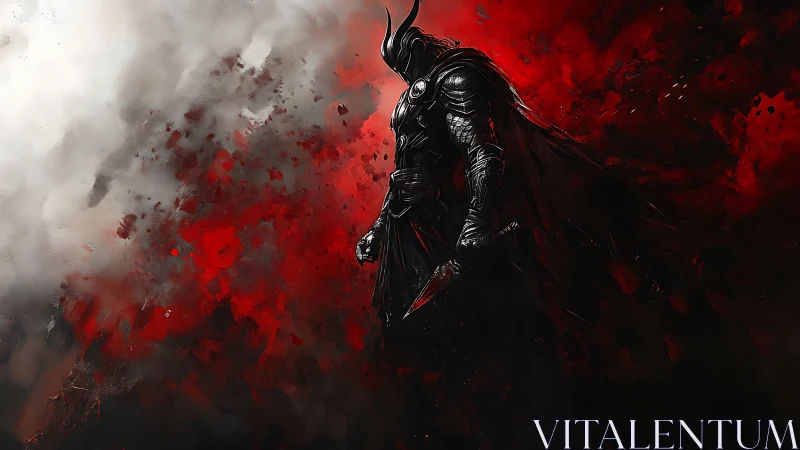 Armored dark knight emerges from turbulent red-black atmospheric vortex