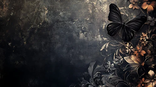 High-contrast black butterfly over metallic floral relief on dark wall
