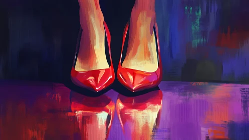 Bold red heels glowing against a dreamy painted night.