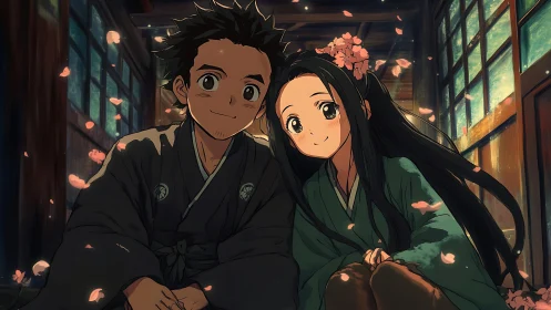 Soft petals drift while two kimono hearts share twilight