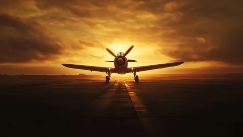 Vintage fighter aircraft rests silhouetted against glowing sunset