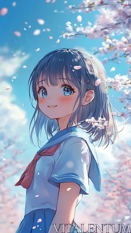 Blossom-blue gaze under drifting sakura daydreams.