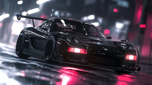 Aerodynamic black race car under neon rain with reflective wet asphalt