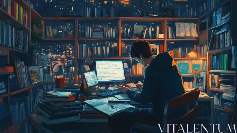 Nocturnal coder in data-dense studio with urban light lattice.