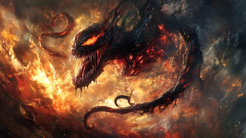 Infernal serpentine demon emerging through cosmic firestorm.