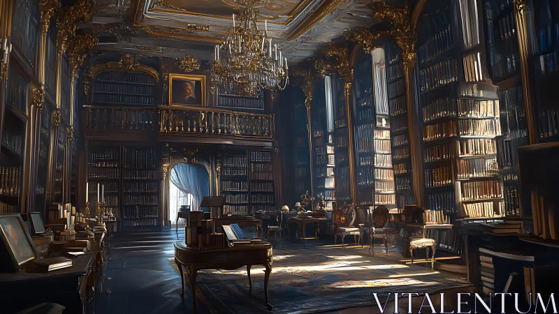 Baroque library interior with golden ornamented book walls.